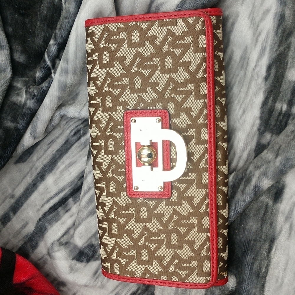 DKNY brown and tan wallet with red trim